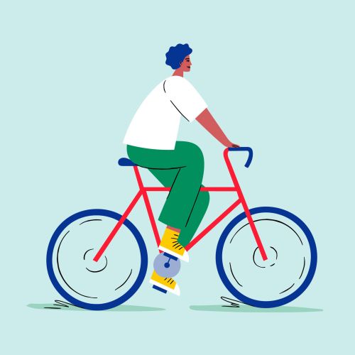 Person riding a red bicycle with blue wheels