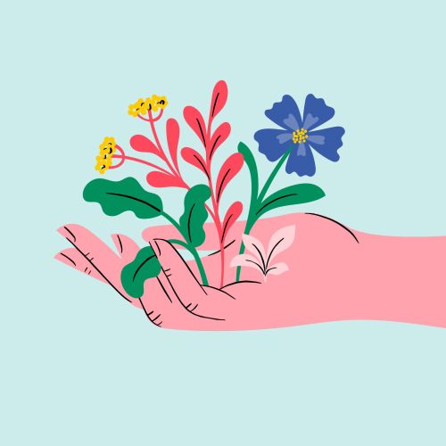 Hand holding yellow and blue flowers with green leaves