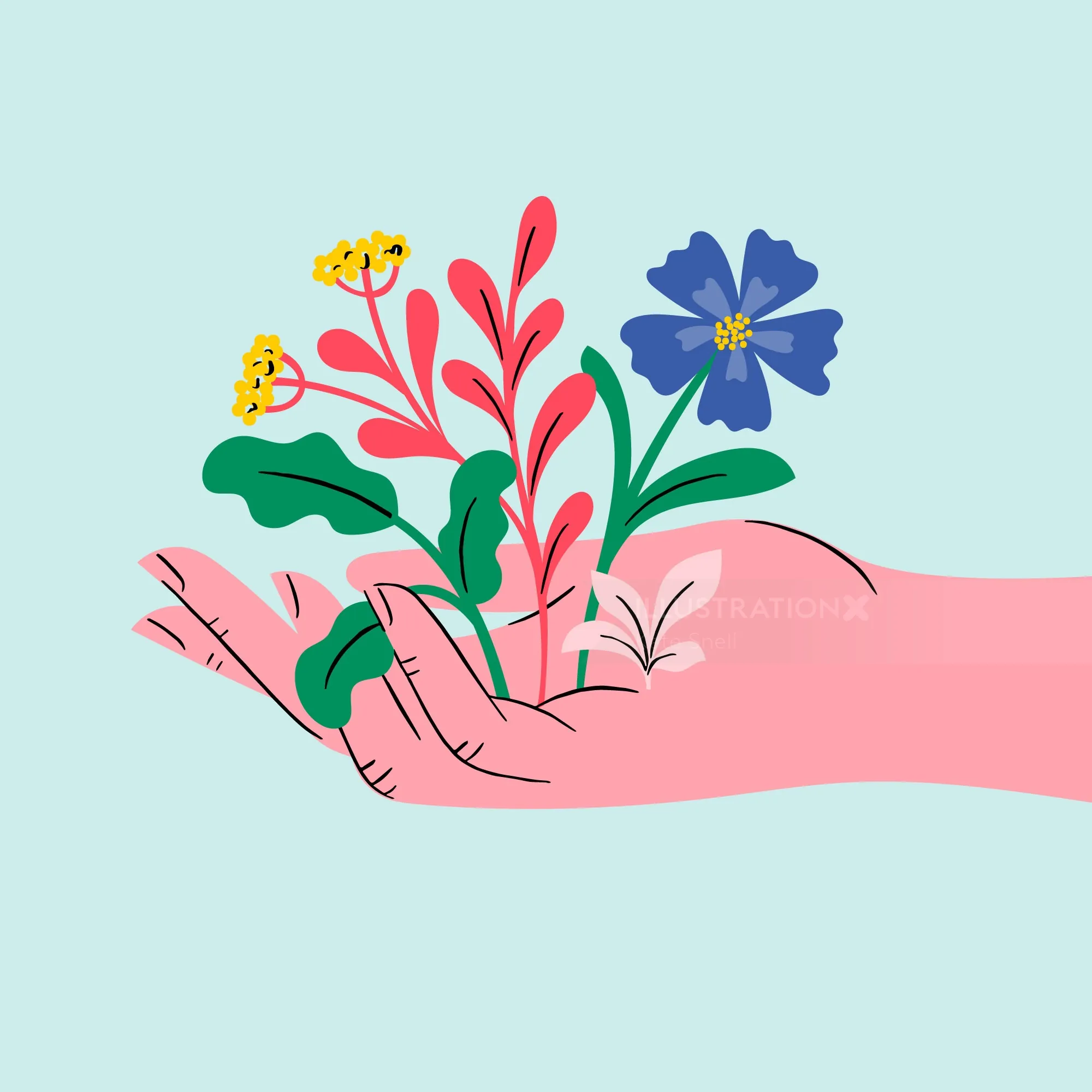 Hand holding yellow and blue flowers with green leaves