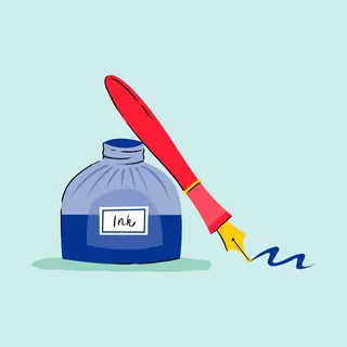 Ink bottle with red fountain pen drawing blue line