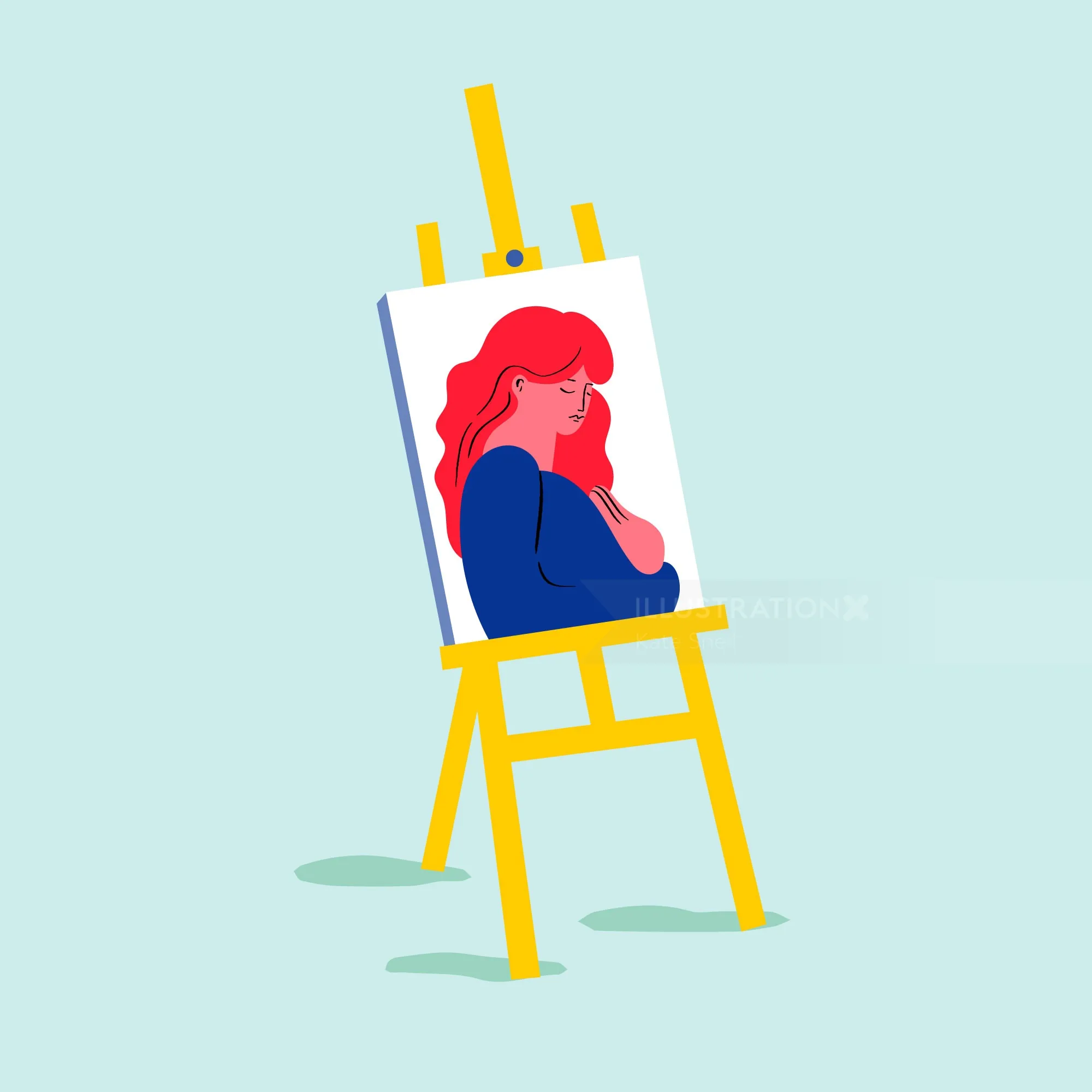 Painting of a red-haired woman on a yellow easel