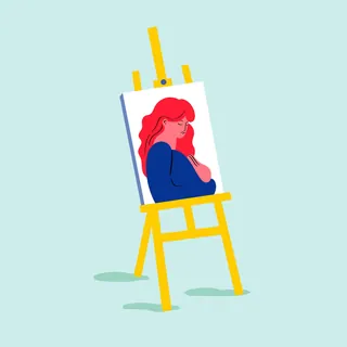 Painting of a red-haired woman on a yellow easel