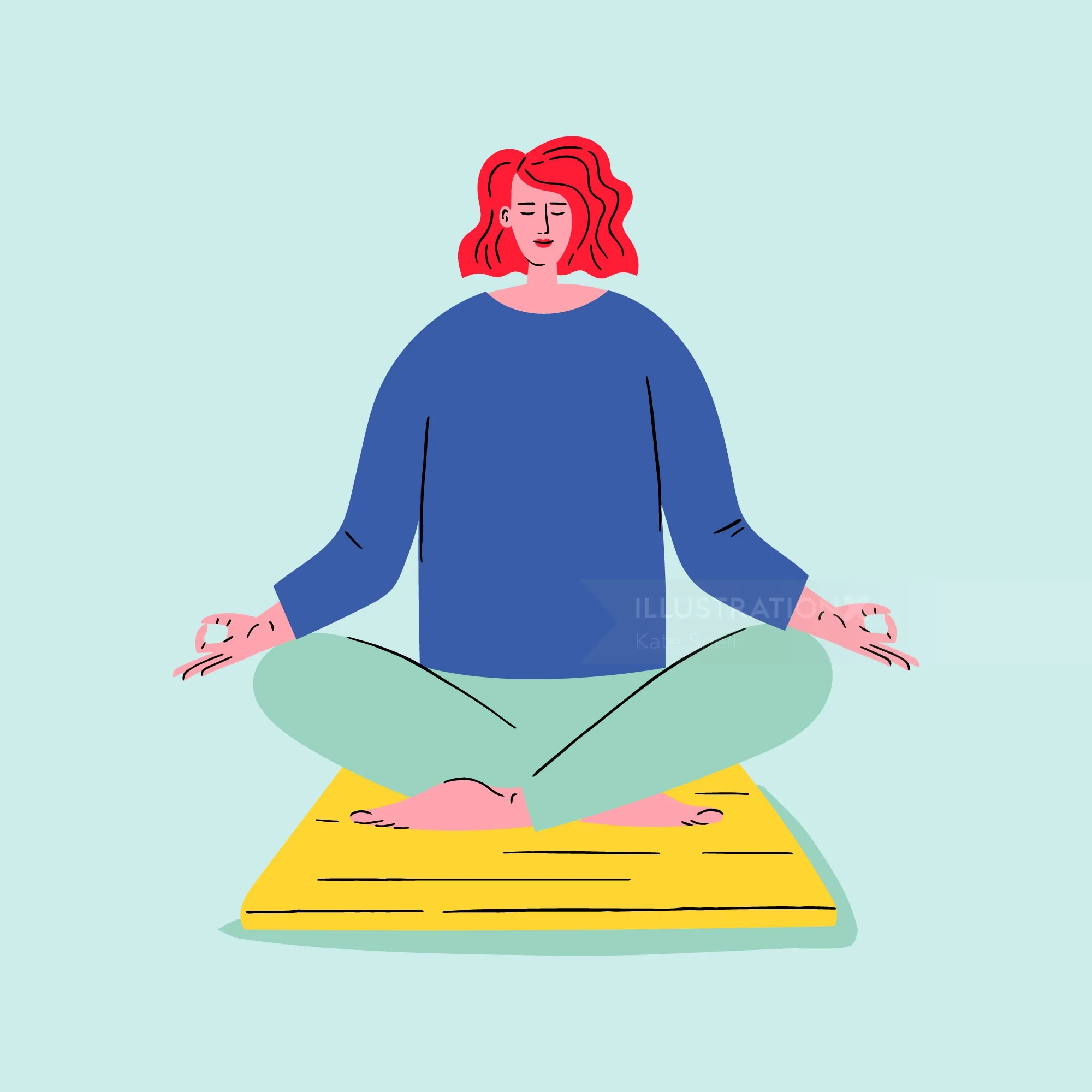 Person with red hair meditating cross-legged on yellow mat