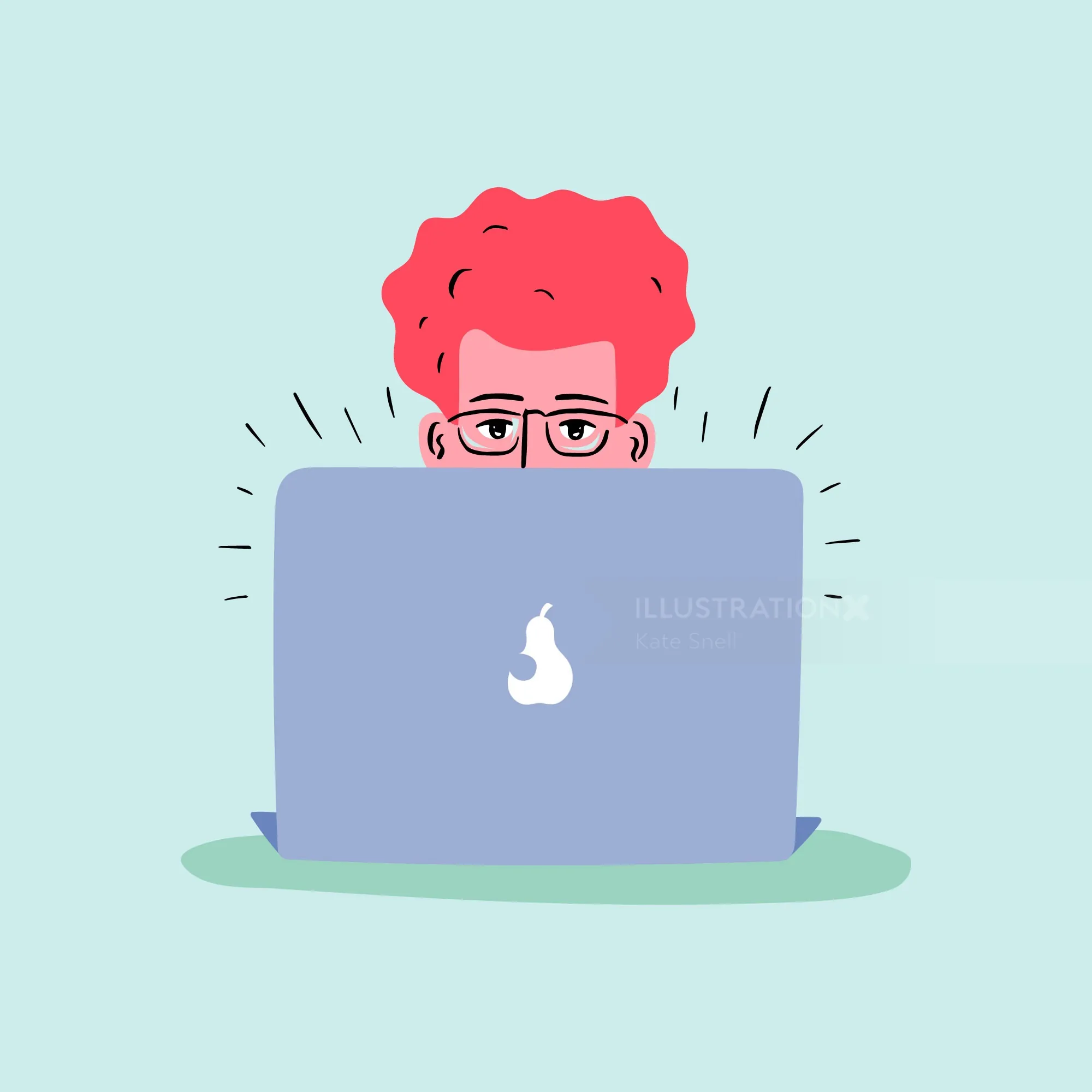 Person with red hair and glasses peeking over laptop