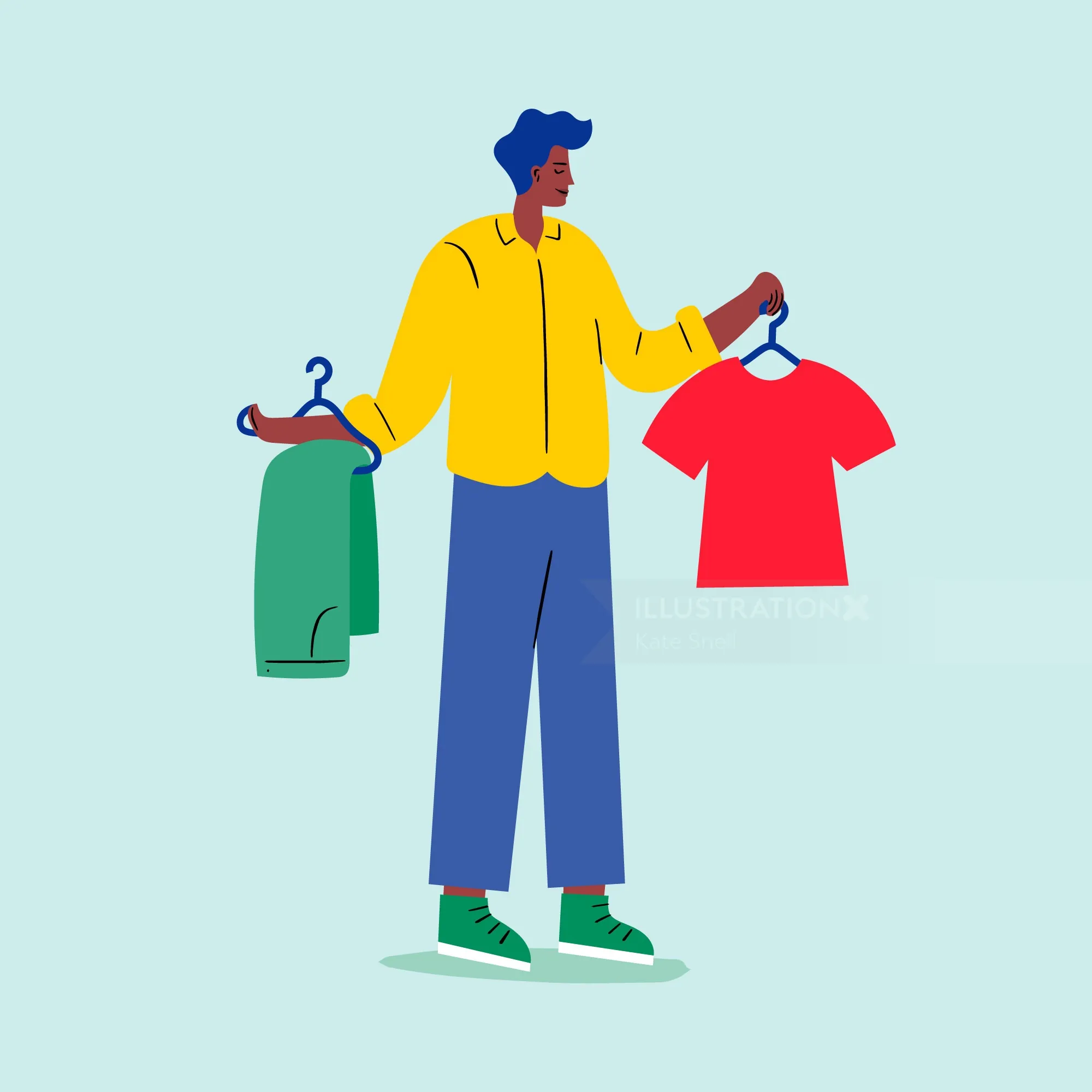 Person holding two clothes on hangers, deciding what to wear