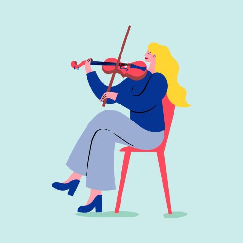 Woman sitting on red chair playing violin thoughtfully