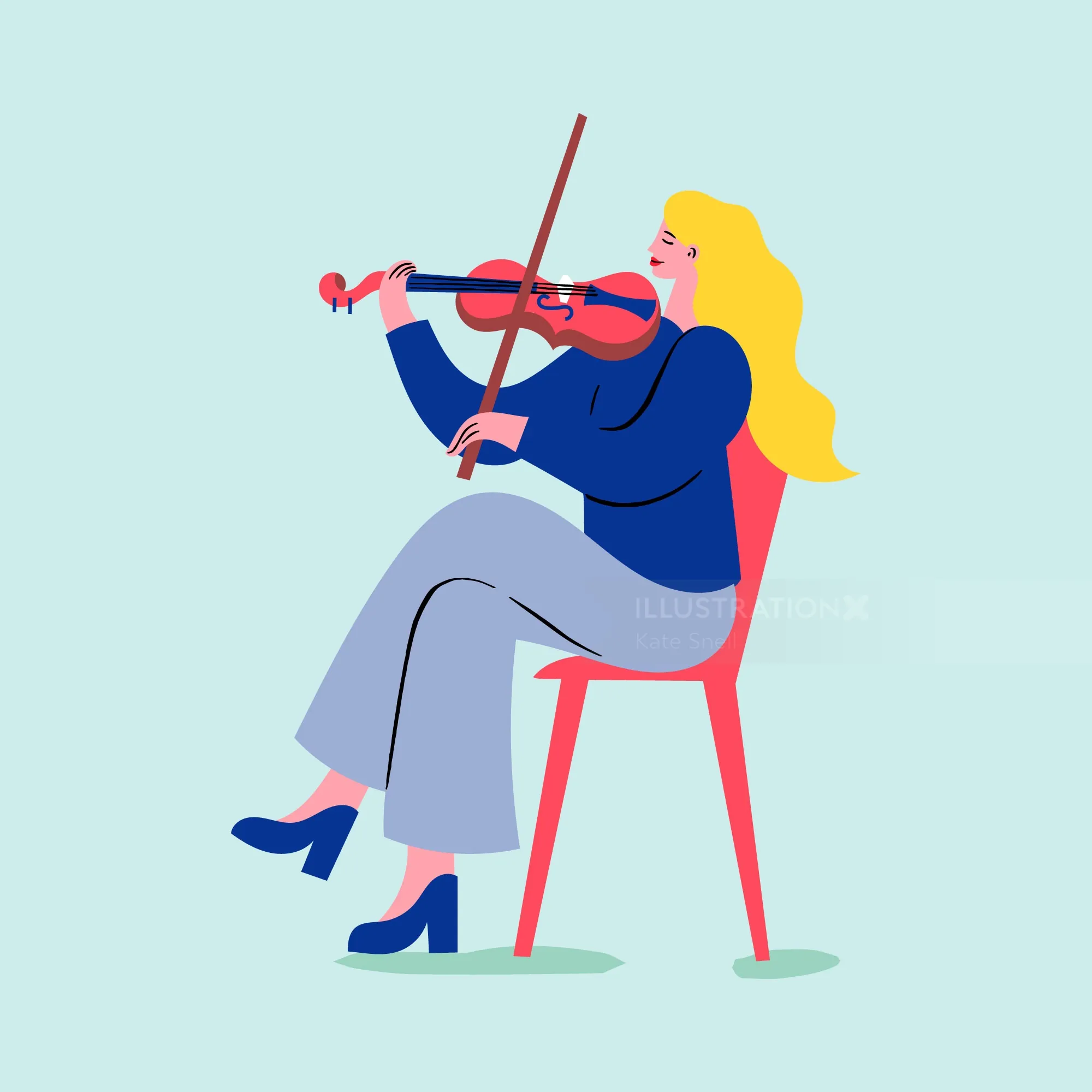 Woman sitting on red chair playing violin thoughtfully