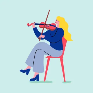 Woman sitting on red chair playing violin thoughtfully