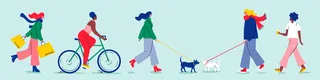Group of diverse people walking dogs and riding a bicycle outdoors
