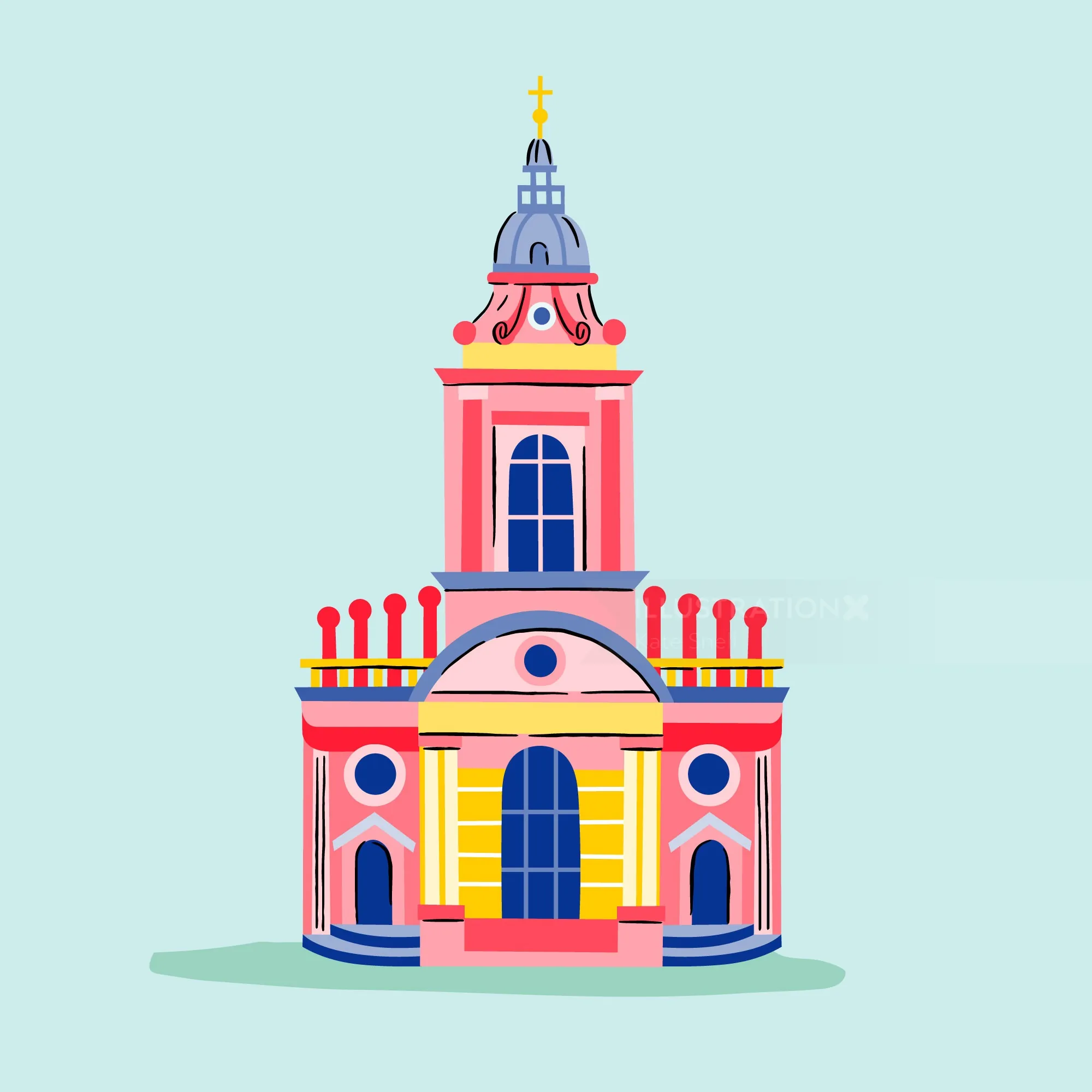 Illustration of a colorful church with a tall steeple and arched windows