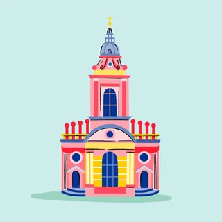 Illustration of a colorful church with a tall steeple and arched windows