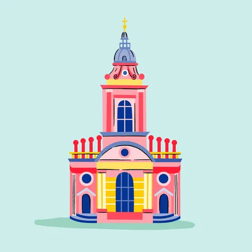 Illustration of a colorful church with a tall steeple and arched windows