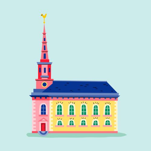 Illustration of a church with tall red steeple and clock tower