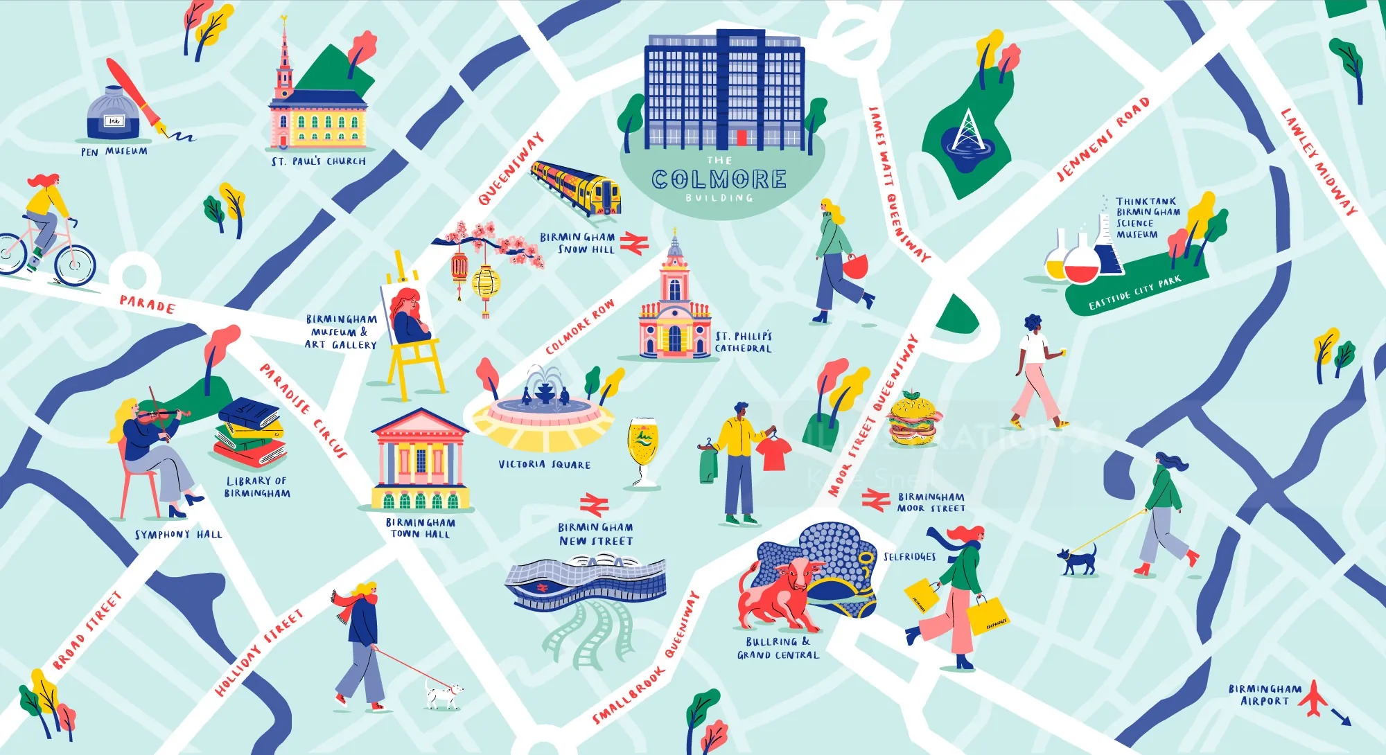 Colorful illustrated city map featuring landmarks and walking people