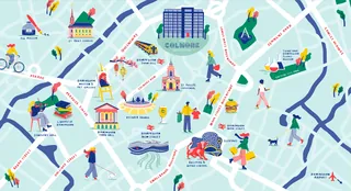 Colorful illustrated city map featuring landmarks and walking people