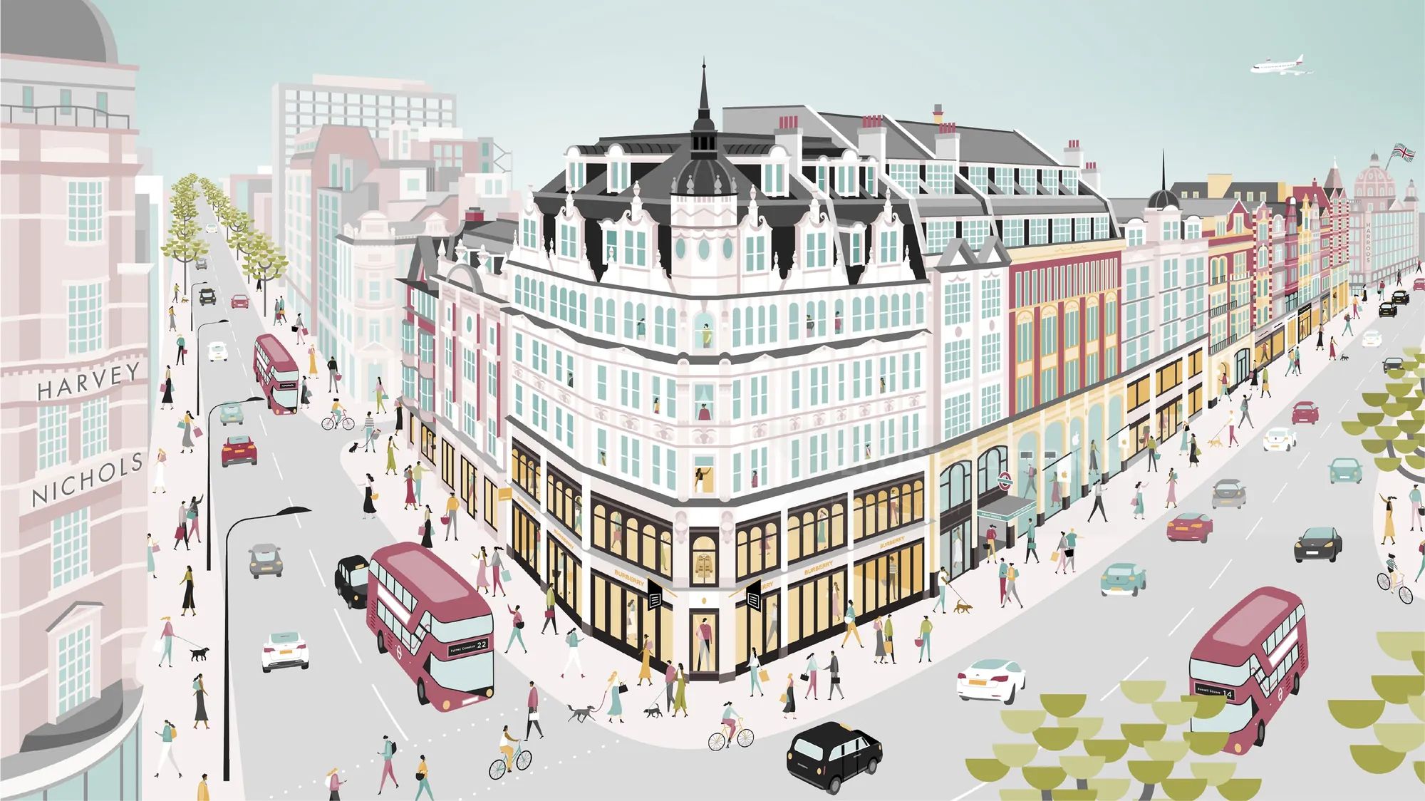 City street scene with historic buildings, red buses, and pedestrians.