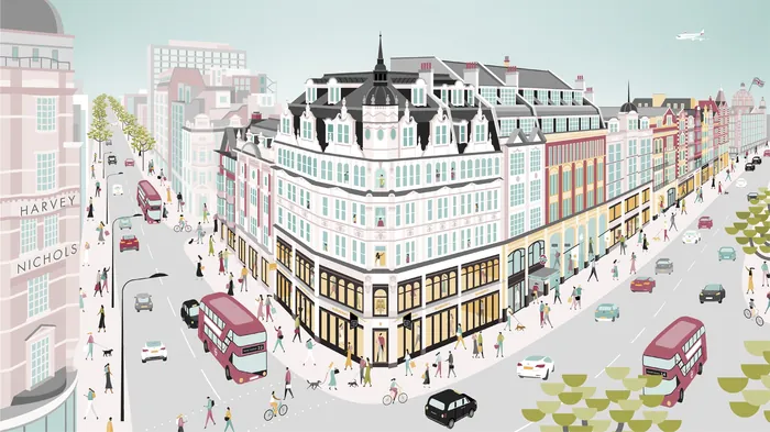 City street scene with historic buildings, red buses, and pedestrians.