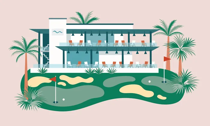 Golf clubhouse with terrace seating, golf green, and palm trees