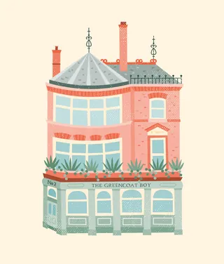 Vintage brick building with rooftop plants and large windows illustration.