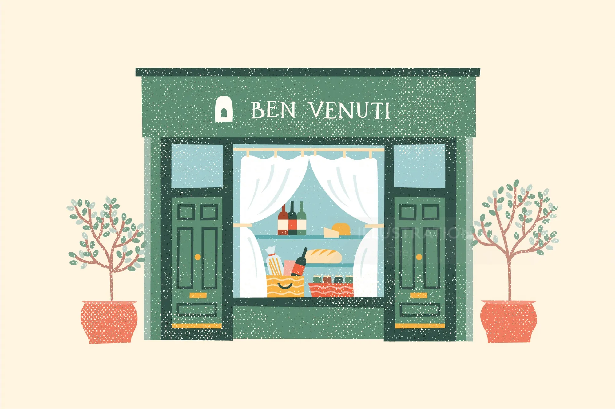 Green Ben Venuti bakery storefront with pastry display and potted trees