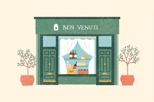 Green Ben Venuti bakery storefront with pastry display and potted trees