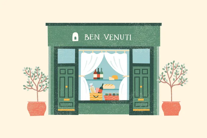 Green Ben Venuti bakery storefront with pastry display and potted trees