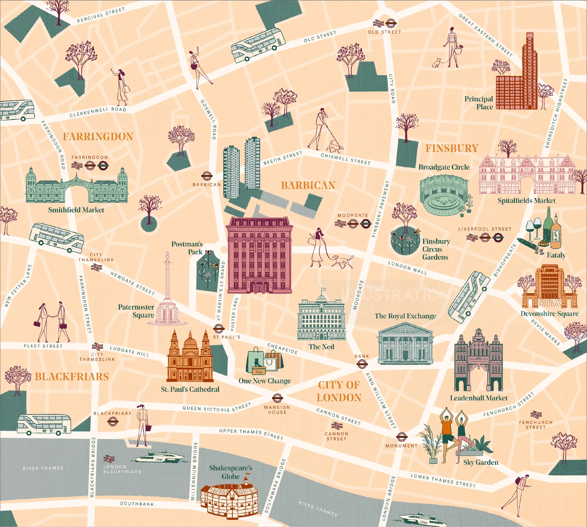 Illustrated map featuring City of London landmarks and streets
