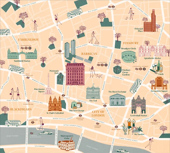 Illustrated map featuring City of London landmarks and streets