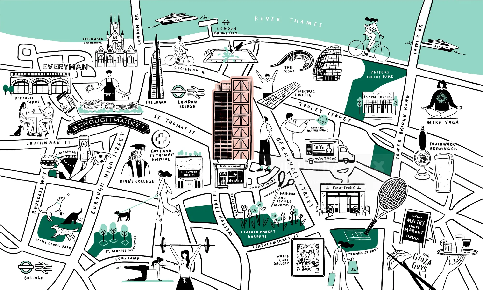 Illustrated city map showing landmarks and streets in black, white, and green