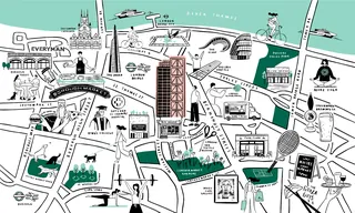 Illustrated city map showing landmarks and streets in black, white, and green