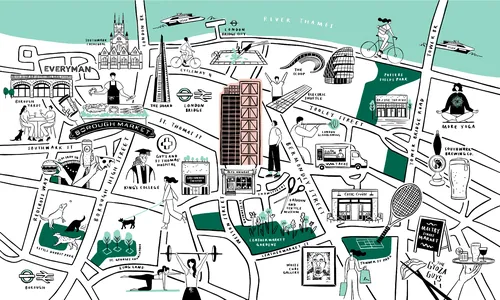 Illustrated city map showing landmarks and streets in black, white, and green