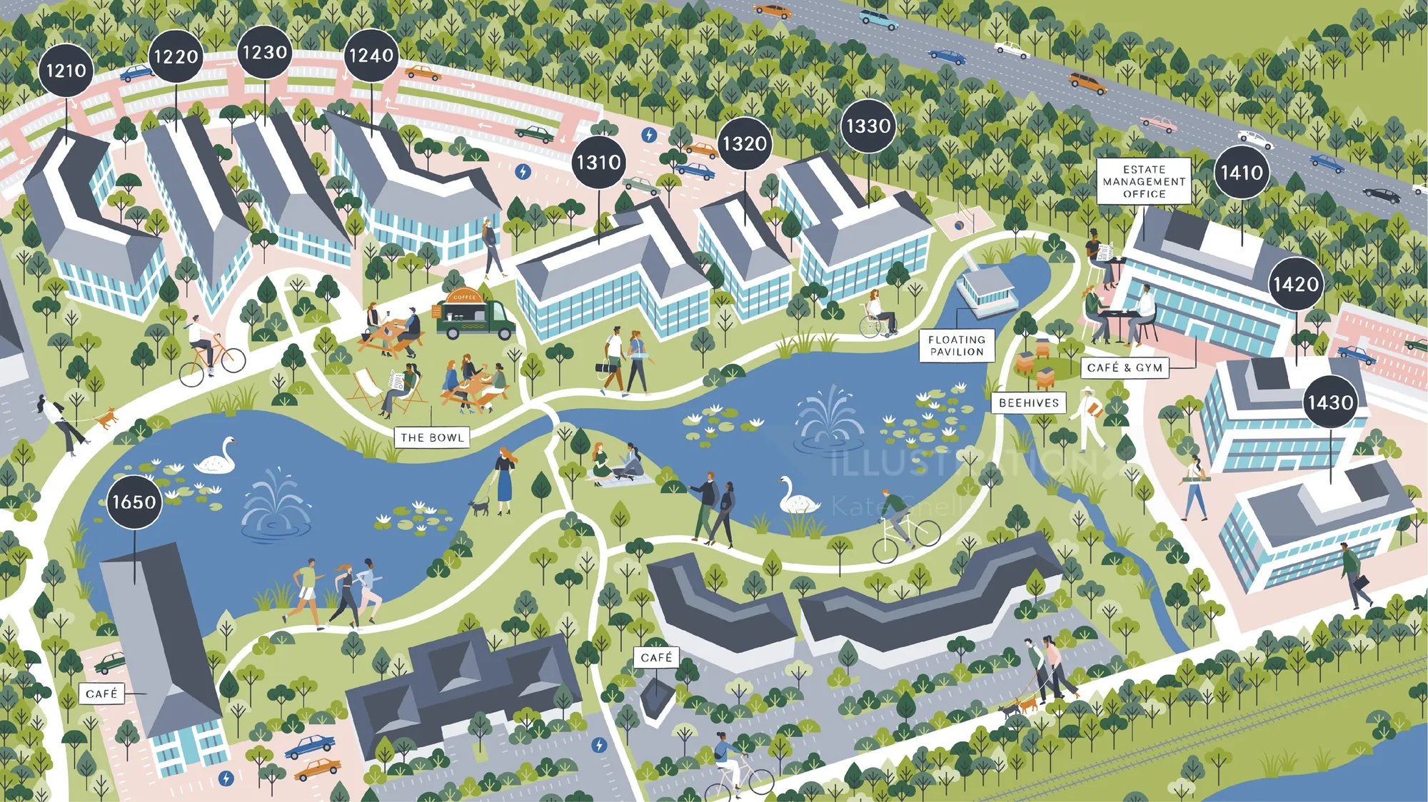 Map of lakeside resort showing buildings, docks, paths, and surrounding greenery.