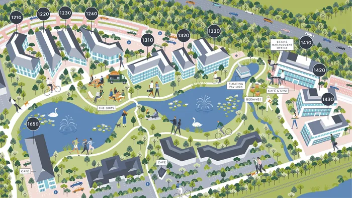 Map of lakeside resort showing buildings, docks, paths, and surrounding greenery.