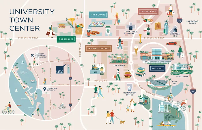Illustrated map showing University Town Center highlights with shops and key locations