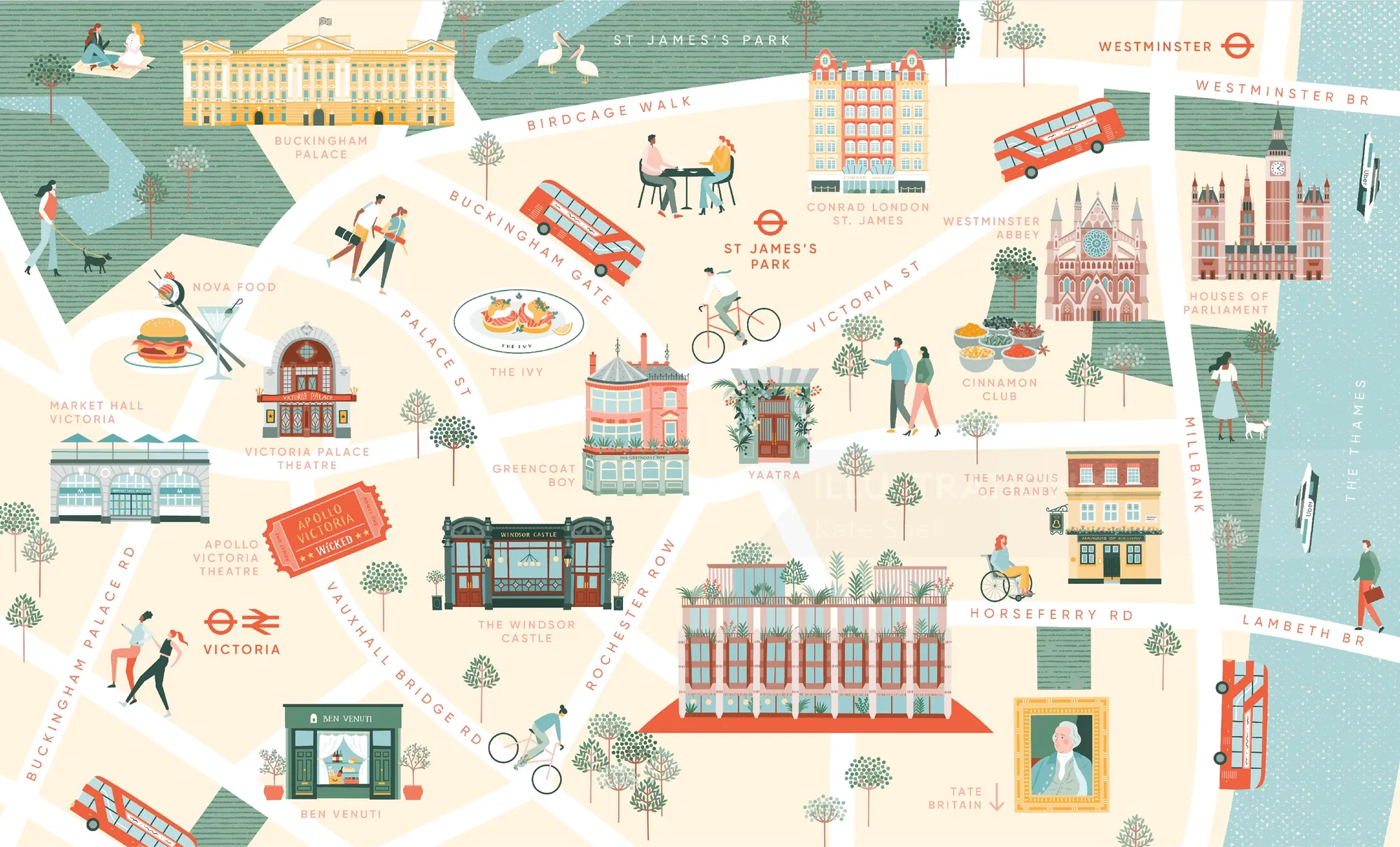 Illustrated London map with landmarks, red buses, cyclists, and buildings