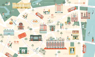 Illustrated London map with landmarks, red buses, cyclists, and buildings