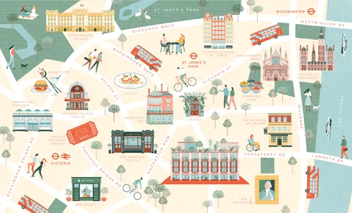 Illustrated London map with landmarks, red buses, cyclists, and buildings