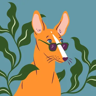 Illustration of orange dog with sunglasses and green leaves