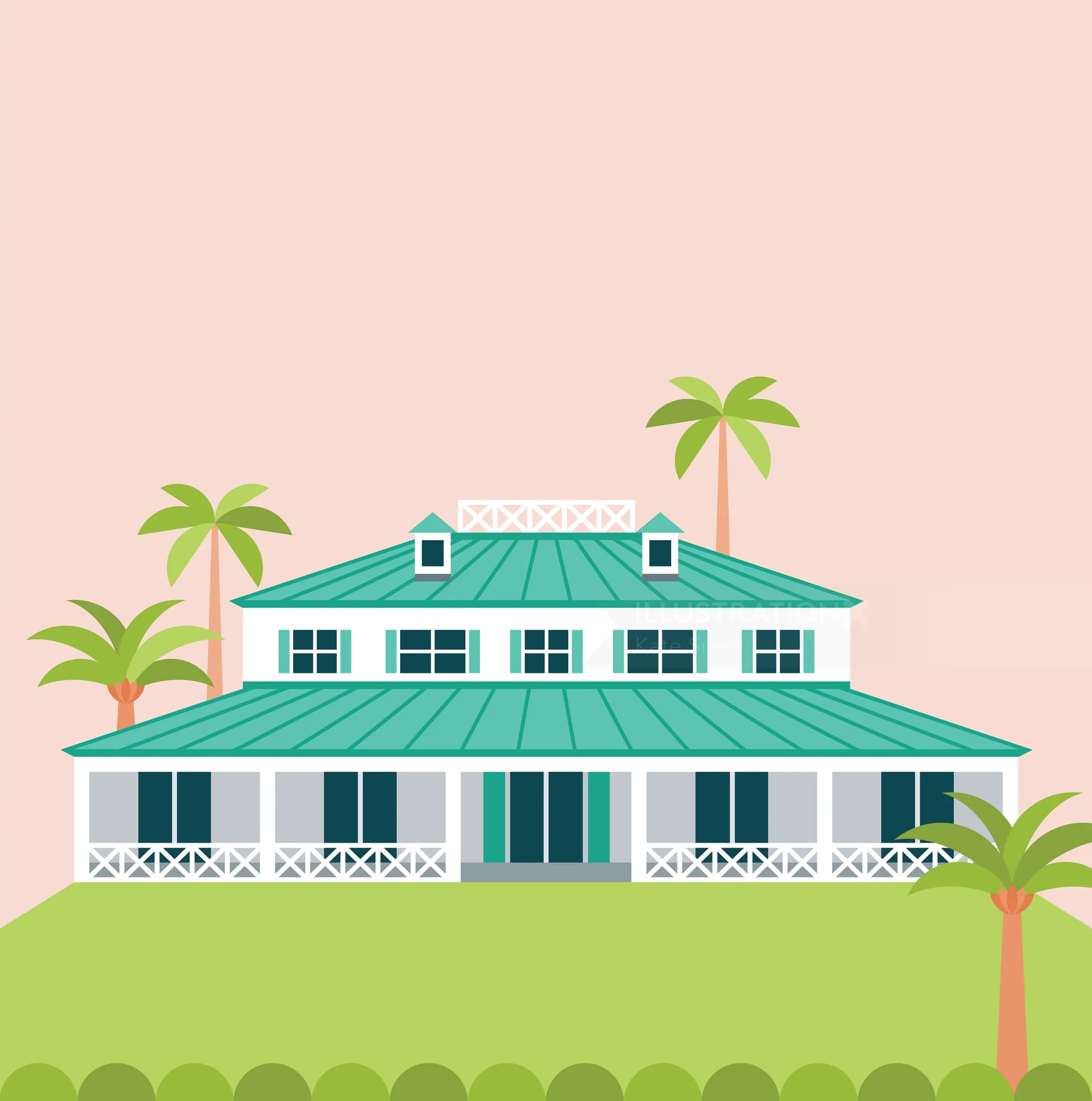 Tropical beach house with green roof and palm trees on a pink background