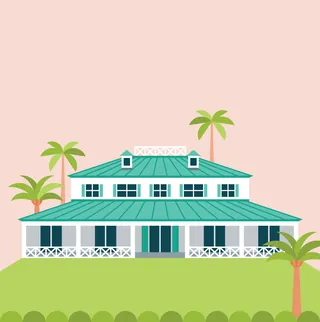Tropical beach house with green roof and palm trees on a pink background