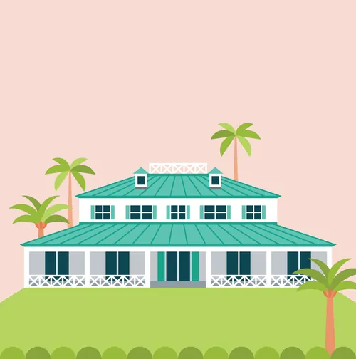 Tropical beach house with green roof and palm trees on a pink background