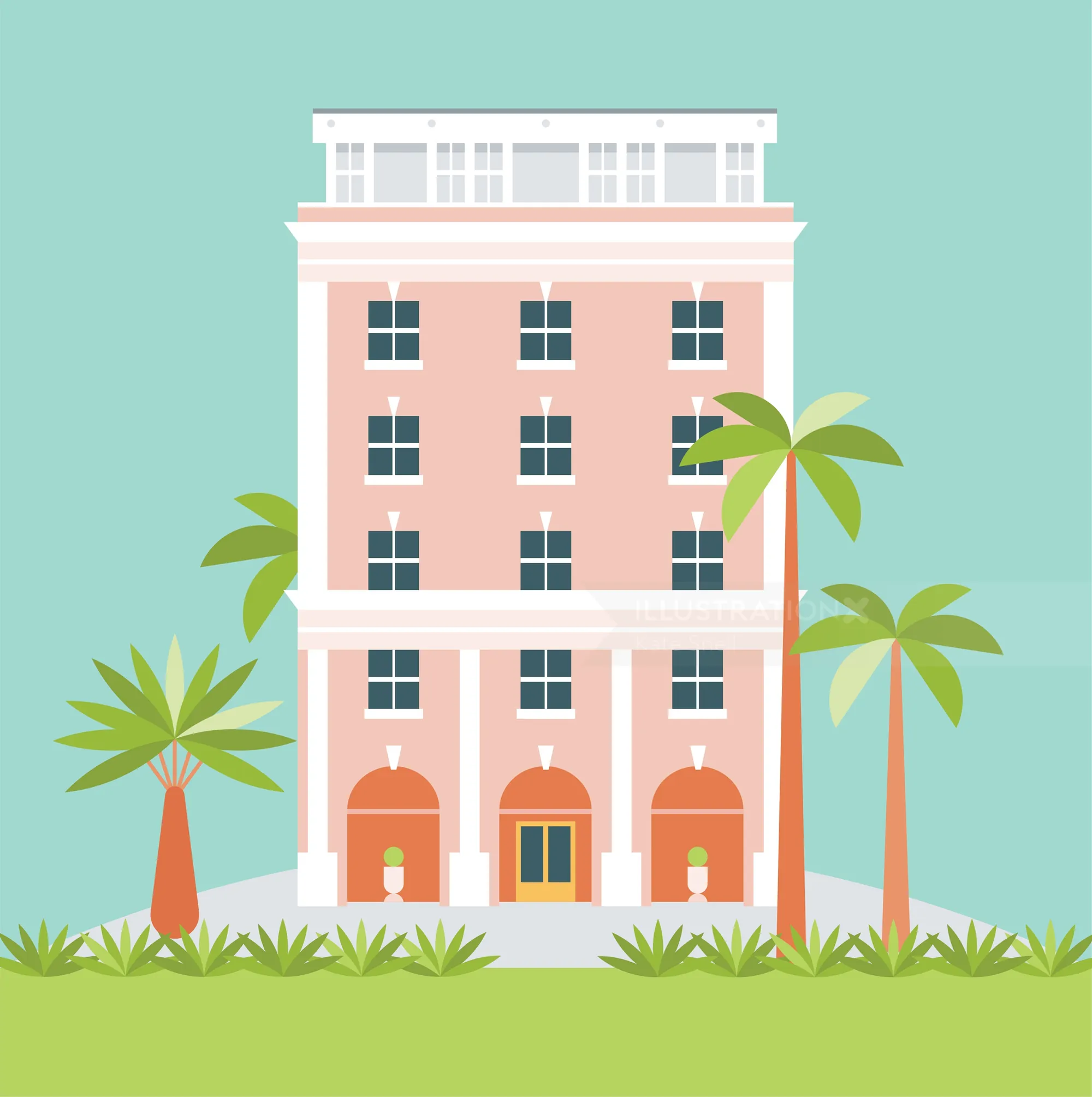 Pink hotel building with palm trees and grass under blue sky