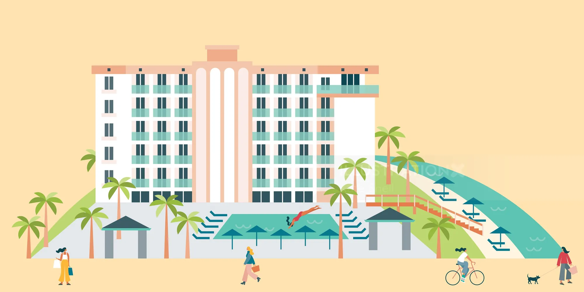 Resort with pool, palm trees, umbrellas, and people on slide and bike