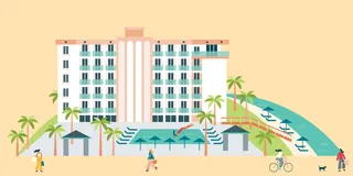 Resort with pool, palm trees, umbrellas, and people on slide and bike