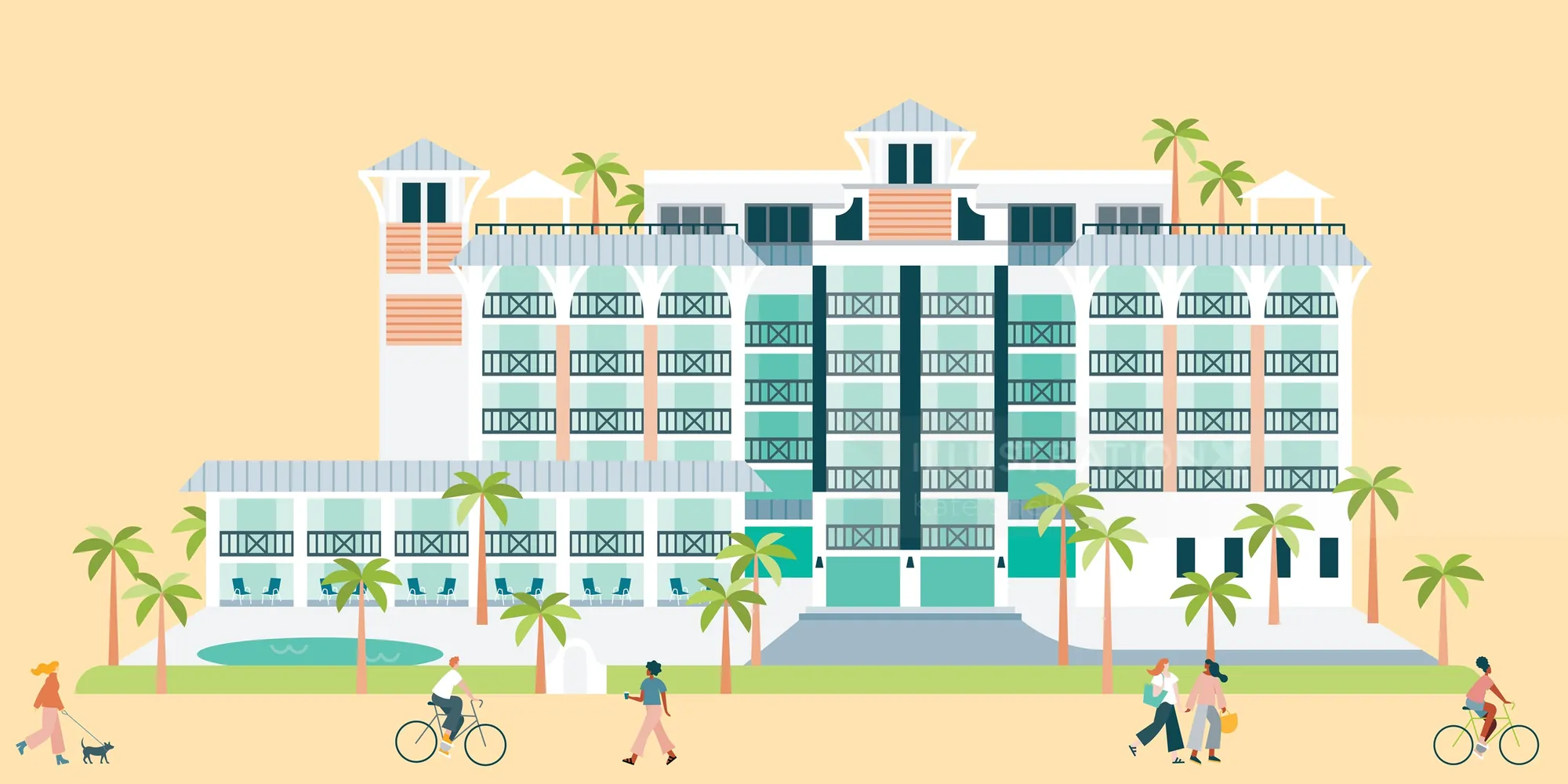 Beach hotel with people walking and biking among palm trees