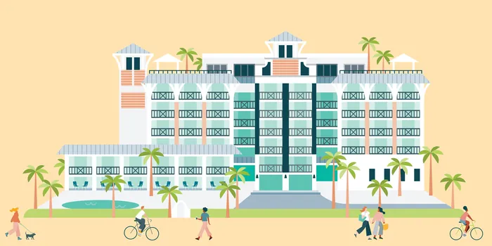 Beach hotel with people walking and biking among palm trees