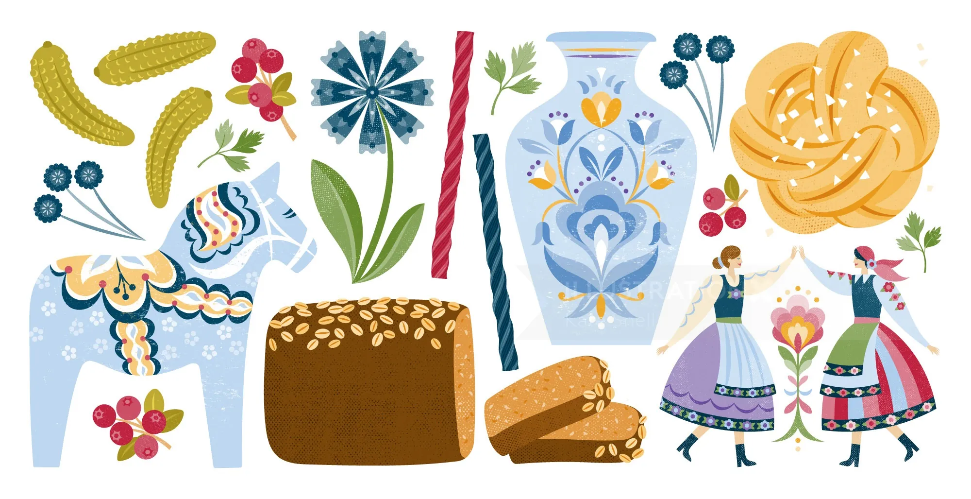 Swedish folk art motifs with bread, flowers, vase, and dancing figures by Kate Snell