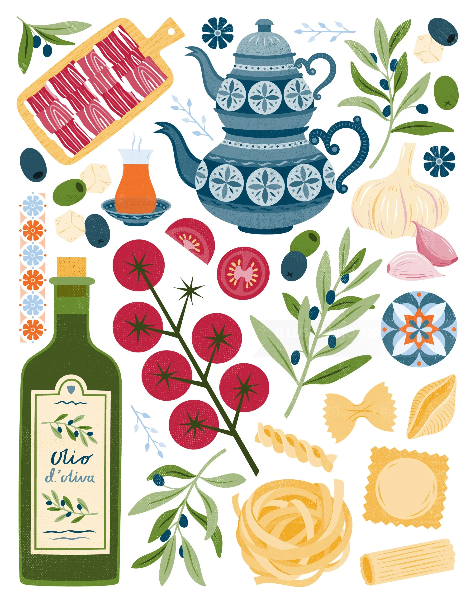 Italian cooking ingredients with olive oil, tomatoes, pasta, and herbs by Kate Snell