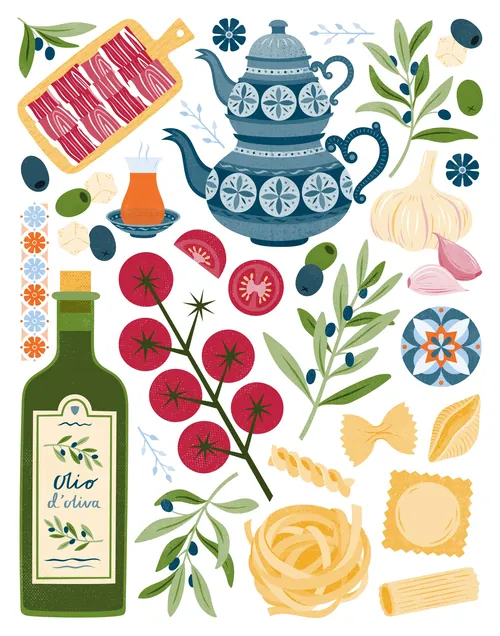 Italian cooking ingredients with olive oil, tomatoes, pasta, and herbs by Kate Snell