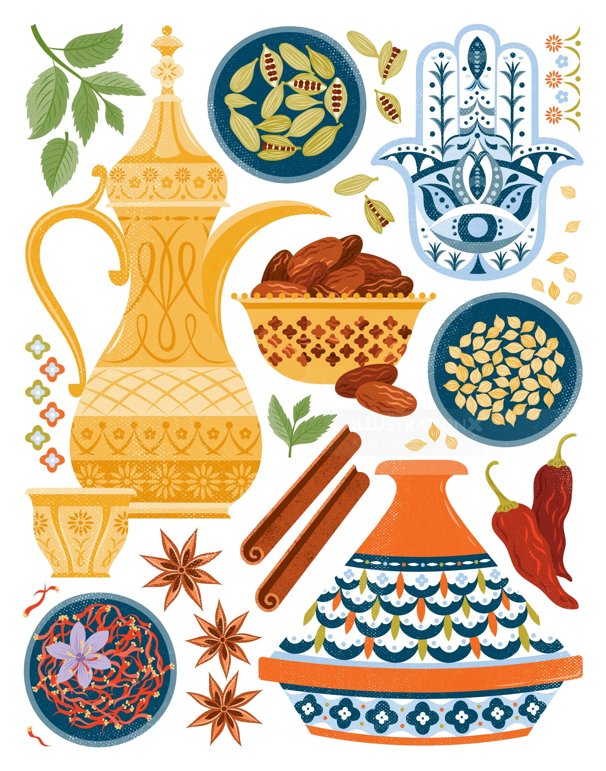 Colorful Middle Eastern spices and pottery illustration by Kate Snell